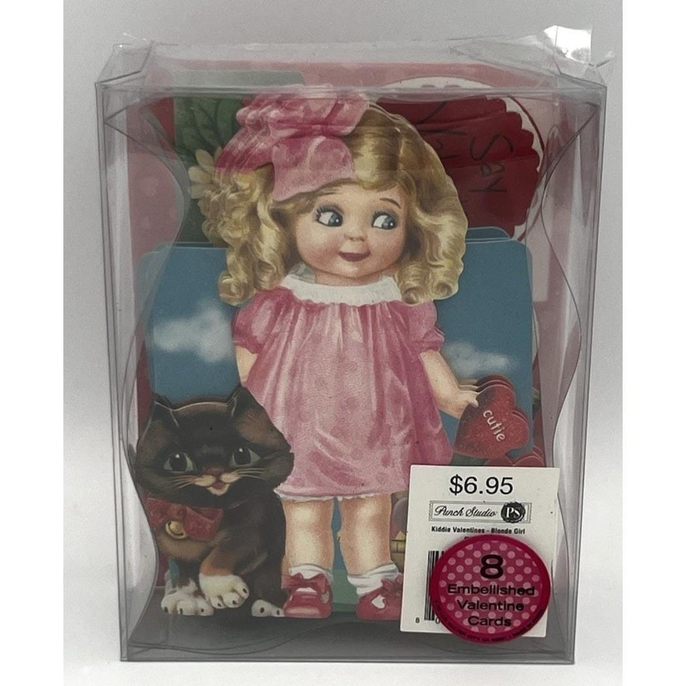 8 Valentines Punch Studio Cards w/Envelopes‎ Kiddy Girl & Cat Boxed 53255
